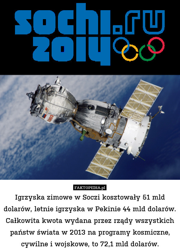 Igrzyska zimowe w Soczi kosztowały 51 mld dolarów, letnie igrzyska w Pekinie 44 mld dolarów.
Całkowita kwota wydana przez rządy wszystkich państw świata w 2013 na programy kosmiczne, cywilne i wojskowe, to 72,1 mld dolarów. 