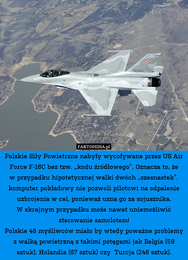 Polskie Siły Powietrzne nabyły wycofywane przez US Air Force F-16C bez tzw. „kodu źródłowego”. Oznacza to, że
w przypadku hipotetycznej walki dwóch „szesnastek”, komputer pokładowy nie pozwoli pilotowi na odpalenie uzbrojenia w cel, ponieważ uzna go za sojusznika.
W skrajnym przypadku może nawet uniemożliwić sterowanie samolotem!
Polskie 48 myśliwców miało by wtedy poważne problemy z walką powietrzną z takimi potęgami jak Belgia (59 sztuk), Holandia (67 sztuk) czy  Turcja (246 sztuk). 