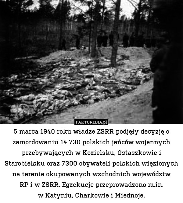 5 marca 1940 roku władze ZSRR podjęły decyzję o zamordowaniu 14 730 polskich jeńców wojennych przebywających w Kozielsku, Ostaszkowie i Starobielsku oraz 7300 obywateli polskich więzionych na terenie okupowanych wschodnich województw
RP i w ZSRR. Egzekucje przeprowadzono m.in.
w Katyniu, Charkowie i Miednoje. 