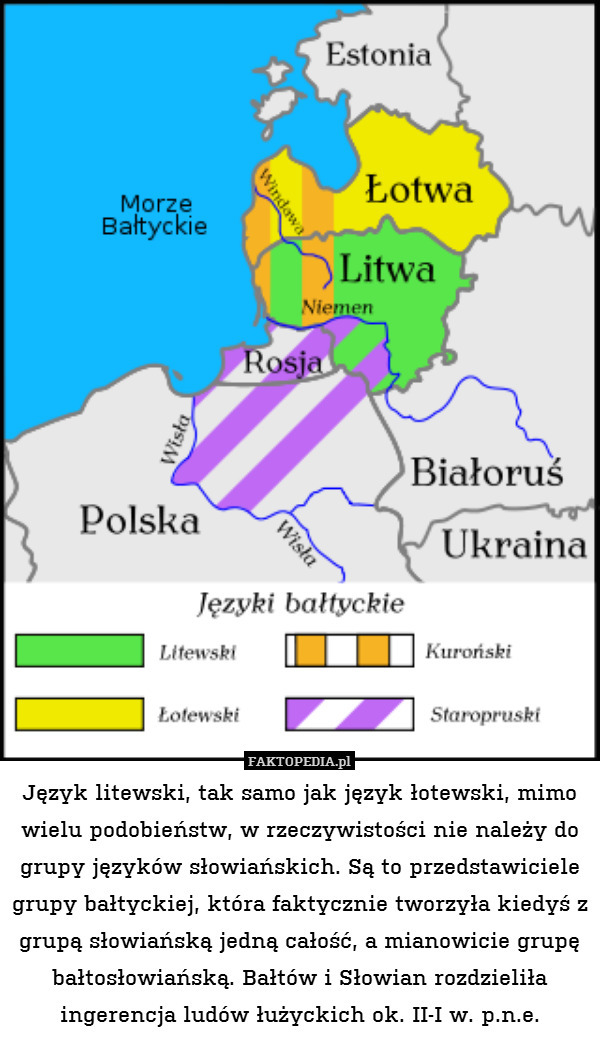 Język litewski, tak samo jak język łotewski, mimo wielu podobieństw, w rzeczywistości nie należy do grupy języków słowiańskich. Są to przedstawiciele grupy bałtyckiej, która faktycznie tworzyła kiedyś z grupą słowiańską jedną całość, a mianowicie grupę bałtosłowiańską. Bałtów i Słowian rozdzieliła ingerencja ludów łużyckich ok. II-I w. p.n.e. 