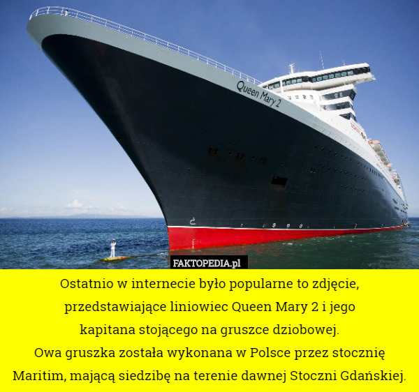 Ostatnio w internecie było popularne to zdjęcie, przedstawiające liniowiec Queen Mary 2 i jego
 kapitana stojącego na gruszce dziobowej.
Owa gruszka została wykonana w Polsce przez stocznię Maritim, mającą siedzibę na terenie dawnej Stoczni Gdańskiej. 