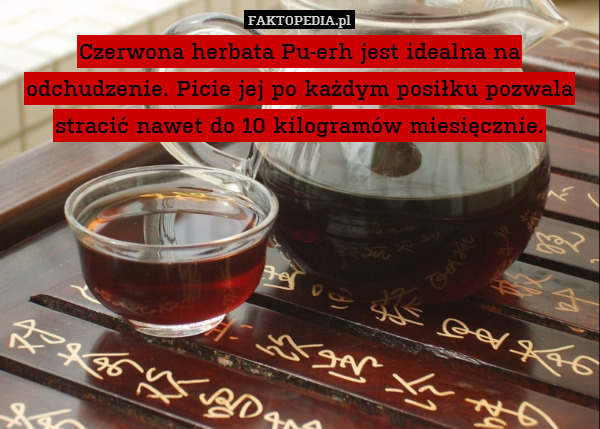 Czerwona herbata Pu-erh jest idealna na odchudzenie. Picie jej po każdym posiłku pozwala stracić nawet do 10 kilogramów miesięcznie. 
