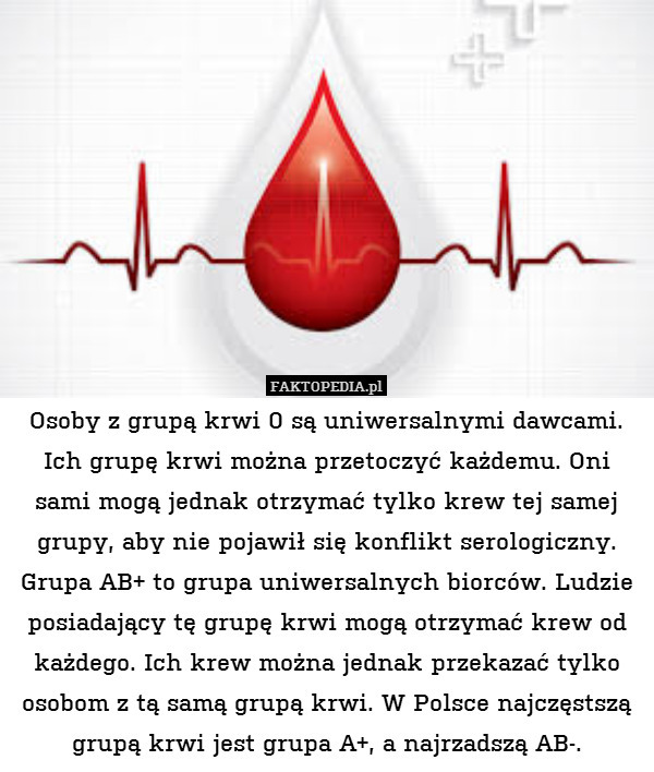 Osoby z grupą krwi 0 są uniwersalnymi dawcami. Ich grupę krwi można przetoczyć każdemu. Oni sami mogą jednak otrzymać tylko krew tej samej grupy, aby nie pojawił się konflikt serologiczny. Grupa AB+ to grupa uniwersalnych biorców. Ludzie posiadający tę grupę krwi mogą otrzymać krew od każdego. Ich krew można jednak przekazać tylko osobom z tą samą grupą krwi. W Polsce najczęstszą grupą krwi jest grupa A+, a najrzadszą AB-. 