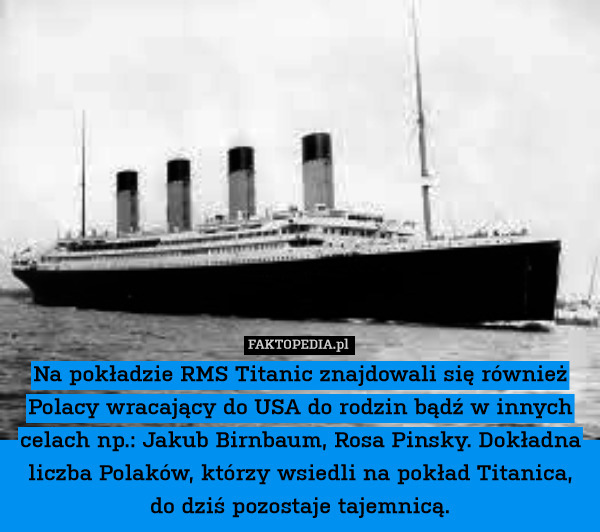 Na pokładzie RMS Titanic znajdowali się również Polacy wracający do USA do rodzin bądź w innych celach np.: Jakub Birnbaum, Rosa Pinsky. Dokładna liczba Polaków, którzy wsiedli na pokład Titanica, do dziś pozostaje tajemnicą. 