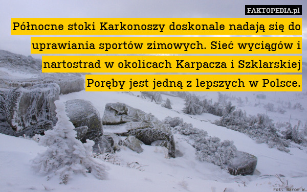 Północne stoki Karkonoszy doskonale nadają się do uprawiania sportów zimowych. Sieć wyciągów i nartostrad w okolicach Karpacza i Szklarskiej Poręby jest jedną z lepszych w Polsce. 