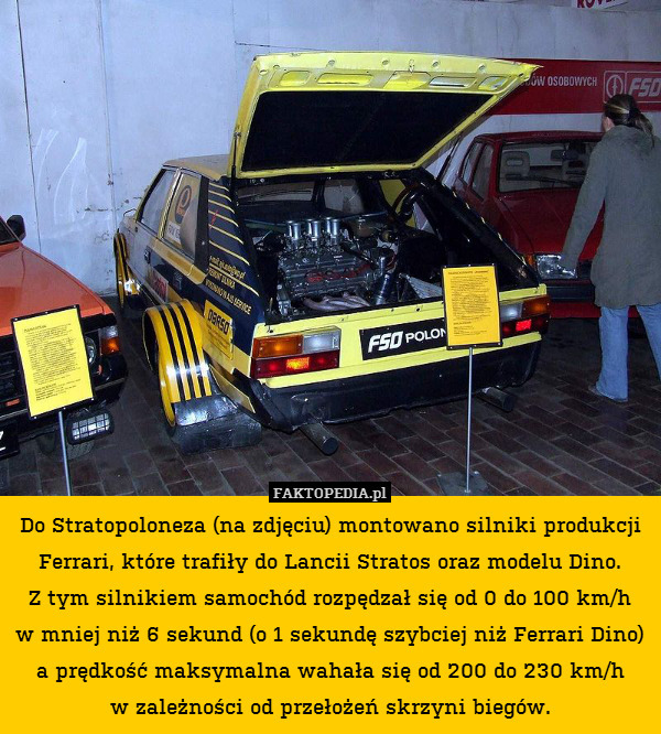 Do Stratopoloneza (na zdjęciu) montowano silniki produkcji Ferrari, które trafiły do Lancii Stratos oraz modelu Dino.
Z tym silnikiem samochód rozpędzał się od 0 do 100 km/h
w mniej niż 6 sekund (o 1 sekundę szybciej niż Ferrari Dino) a prędkość maksymalna wahała się od 200 do 230 km/h
w zależności od przełożeń skrzyni biegów. 