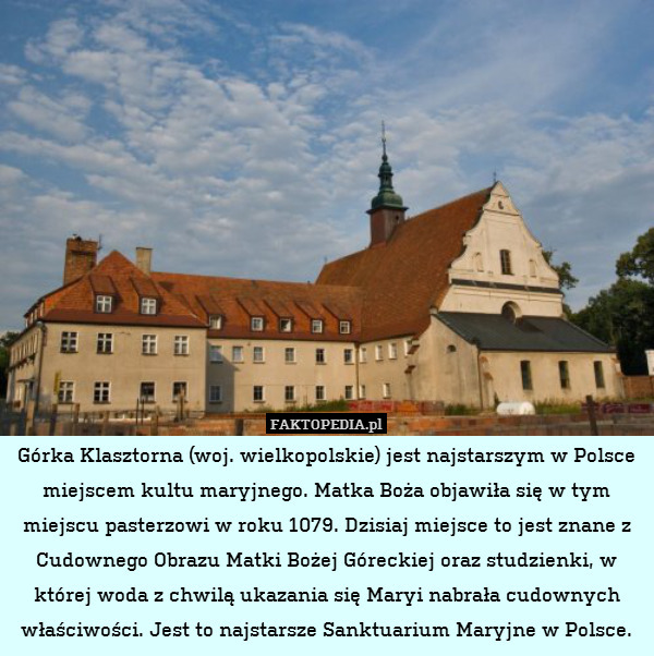 Górka Klasztorna (woj. wielkopolskie) jest najstarszym w Polsce miejscem kultu maryjnego. Matka Boża objawiła się w tym miejscu pasterzowi w roku 1079. Dzisiaj miejsce to jest znane z Cudownego Obrazu Matki Bożej Góreckiej oraz studzienki, w której woda z chwilą ukazania się Maryi nabrała cudownych właściwości. Jest to najstarsze Sanktuarium Maryjne w Polsce. 
