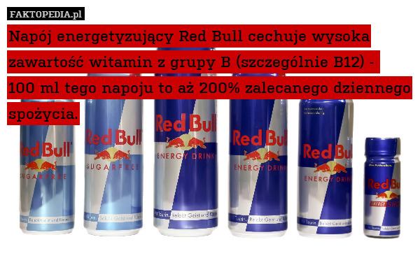 Napój energetyzujący Red Bull cechuje wysoka zawartość witamin z grupy B (szczególnie B12) - 
100 ml tego napoju to aż 200% zalecanego dziennego spożycia. 