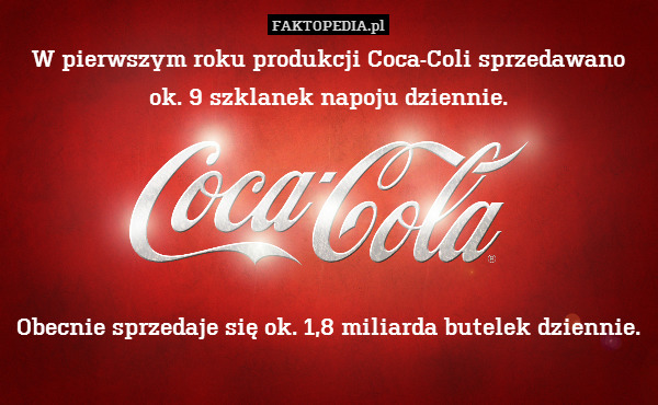 W pierwszym roku produkcji Coca-Coli sprzedawano
ok. 9 szklanek napoju dziennie.





Obecnie sprzedaje się ok. 1,8 miliarda butelek dziennie. 