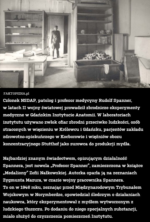 Członek NSDAP, patolog i profesor medycyny Rudolf Spanner,
w latach II wojny światowej prowadził zbrodnicze eksperymenty medyczne w Gdańskim Instytucie Anatomii. W laboratoriach instytutu używano zwłok ofiar zbrodni przeciwko ludzkości, osób straconych w więzieniu w Królewcu i Gdańsku, pacjentów zakładu zdrowotno-opiekuńczego w Kocborowie i więźniów obozu koncentracyjnego Stutthof jako surowca do produkcji mydła.

Najbardziej znanym świadectwem, opisującym działalność Spannera, jest nowela „Profesor Spanner”, zamieszczona w książce „Medaliony” Zofii Nałkowskiej. Autorka oparła ją na zeznaniach Zygmunta Mazura, w czasie wojny pracownika Spannera.
To on w 1946 roku, zeznając przed Międzynarodowym Trybunałem Wojskowym w Norymberdze, opowiedział śledczym o działaniach naukowca, który eksperymentował z mydłem wytworzonym z ludzkiego tłuszczu. Po dodaniu do niego specjalnych substancji, miało służyć do czyszczenia pomieszczeń Instytutu. 