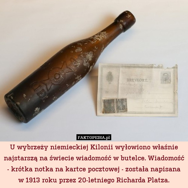 U wybrzeży niemieckiej Kilonii wyłowiono właśnie najstarszą na świecie wiadomość w butelce. Wiadomość - krótka notka na kartce pocztowej - została napisana w 1913 roku przez 20-letniego Richarda Platza. 