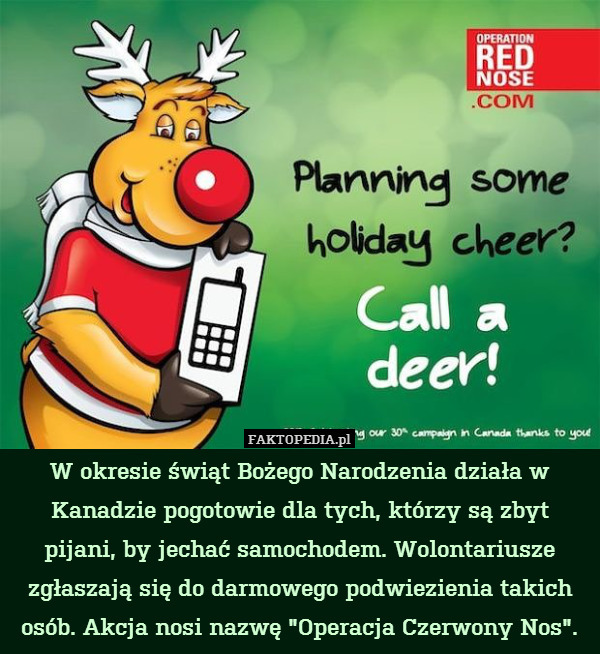 W okresie świąt Bożego Narodzenia działa w Kanadzie pogotowie dla tych, którzy są zbyt pijani, by jechać samochodem. Wolontariusze zgłaszają się do darmowego podwiezienia takich osób. Akcja nosi nazwę "Operacja Czerwony Nos". 