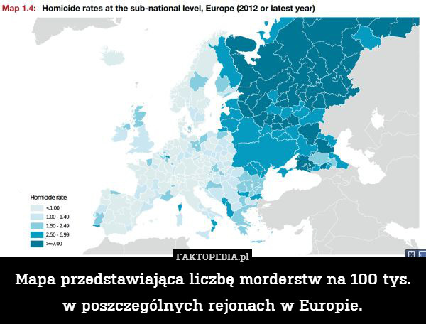 Mapa przedstawiająca liczbę morderstw na 100 tys.
w poszczególnych rejonach w Europie. 
