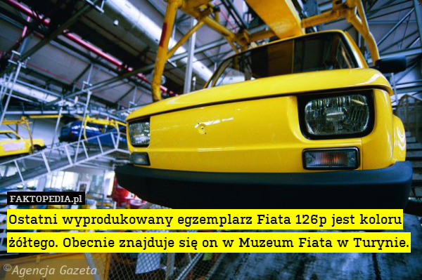 Ostatni wyprodukowany egzemplarz Fiata 126p jest koloru żółtego. Obecnie znajduje się on w Muzeum Fiata w Turynie. 
