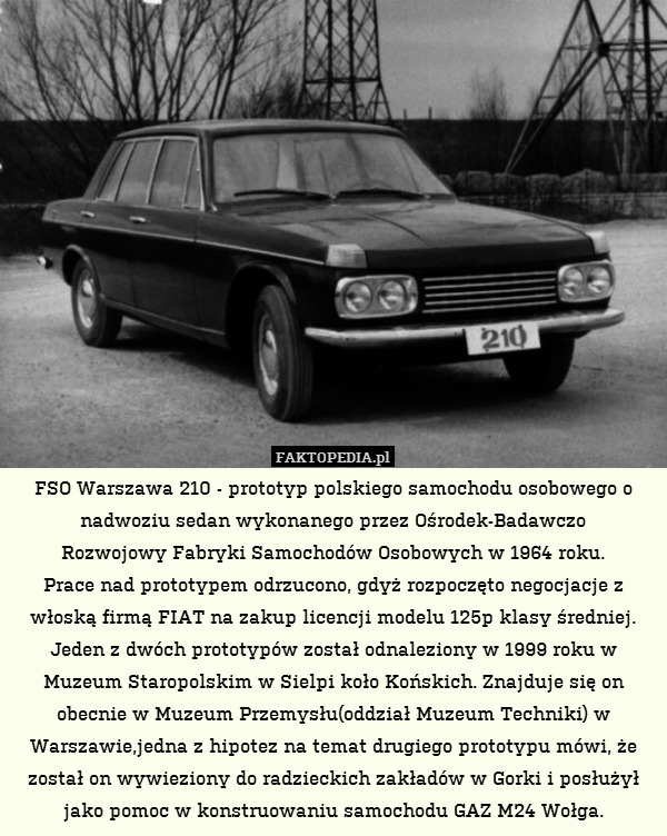 FSO Warszawa 210 - prototyp polskiego samochodu osobowego o nadwoziu sedan wykonanego przez Ośrodek-Badawczo
Rozwojowy Fabryki Samochodów Osobowych w 1964 roku.
Prace nad prototypem odrzucono, gdyż rozpoczęto negocjacje z włoską firmą FIAT na zakup licencji modelu 125p klasy średniej. Jeden z dwóch prototypów został odnaleziony w 1999 roku w Muzeum Staropolskim w Sielpi koło Końskich. Znajduje się on obecnie w Muzeum Przemysłu(oddział Muzeum Techniki) w Warszawie,jedna z hipotez na temat drugiego prototypu mówi, że został on wywieziony do radzieckich zakładów w Gorki i posłużył jako pomoc w konstruowaniu samochodu GAZ M24 Wołga. 