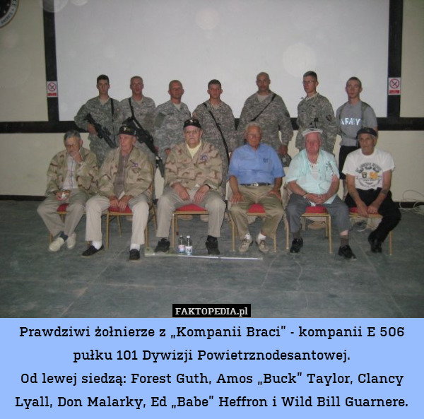 Prawdziwi żołnierze z „Kompanii Braci” - kompanii E 506 pułku 101 Dywizji Powietrznodesantowej.
Od lewej siedzą: Forest Guth, Amos „Buck” Taylor, Clancy Lyall, Don Malarky, Ed „Babe” Heffron i Wild Bill Guarnere. 