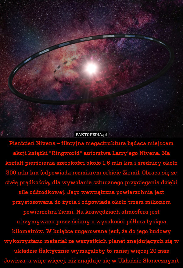 Pierścień Nivena – fikcyjna megastruktura będąca miejscem akcji książki "Ringworld" autorstwa Larry&apos;ego Nivena. Ma kształt pierścienia szerokości około 1,6 mln km i średnicy około 300 mln km (odpowiada rozmiarem orbicie Ziemi). Obraca się ze stałą prędkością, dla wywołania sztucznego przyciągania dzięki sile odśrodkowej. Jego wewnętrzna powierzchnia jest przystosowana do życia i odpowiada około trzem milionom powierzchni Ziemi. Na krawędziach atmosfera jest utrzymywana przez ściany o wysokości półtora tysiąca kilometrów. W książce sugerowane jest, że do jego budowy wykorzystano materiał ze wszystkich planet znajdujących się w układzie (faktycznie wymagałoby to mniej więcej 20 mas Jowisza, a więc więcej, niż znajduje się w Układzie Słonecznym). 