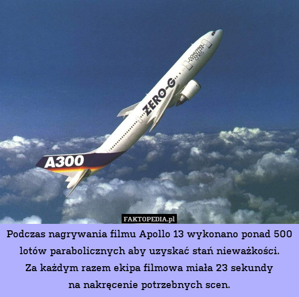 Podczas nagrywania filmu Apollo 13 wykonano ponad 500 lotów parabolicznych aby uzyskać stań nieważkości.
Za każdym razem ekipa filmowa miała 23 sekundy
na nakręcenie potrzebnych scen. 
