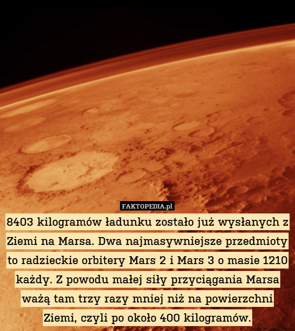 8403 kilogramów ładunku zostało już wysłanych z Ziemi na Marsa. Dwa najmasywniejsze przedmioty to radzieckie orbitery Mars 2 i Mars 3 o masie 1210 każdy. Z powodu małej siły przyciągania Marsa ważą tam trzy razy mniej niż na powierzchni Ziemi, czyli po około 400 kilogramów. 