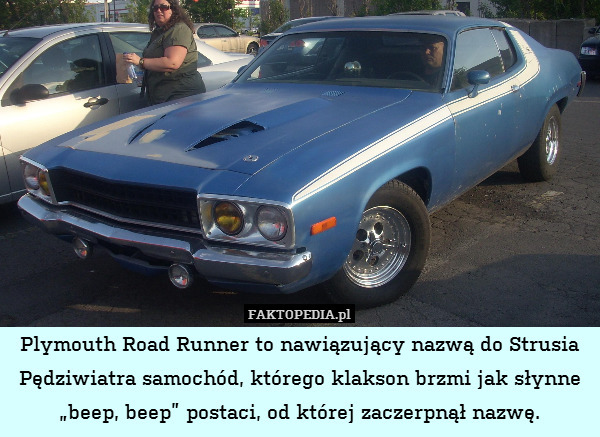 Plymouth Road Runner to nawiązujący nazwą do Strusia Pędziwiatra samochód, którego klakson brzmi jak słynne „beep, beep” postaci, od której zaczerpnął nazwę. 