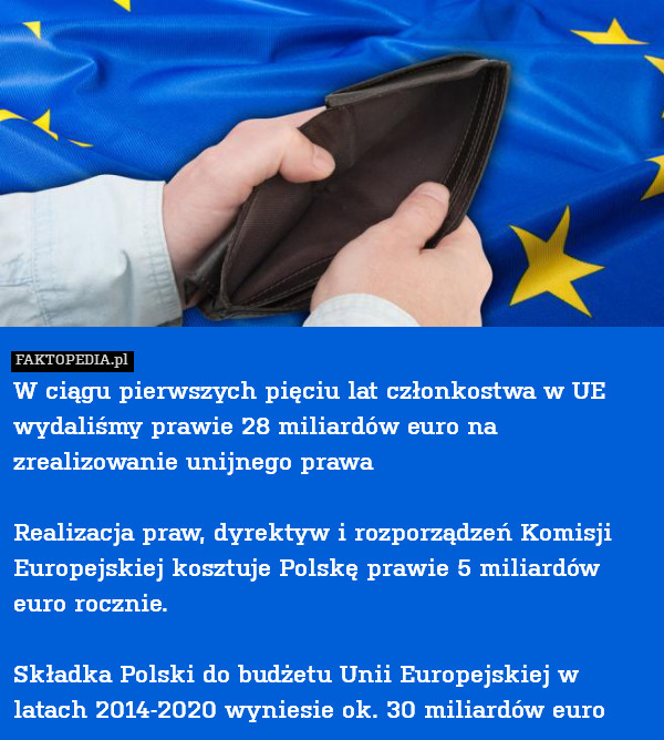 W ciągu pierwszych pięciu lat członkostwa w UE wydaliśmy prawie 28 miliardów euro na zrealizowanie unijnego prawa

Realizacja praw, dyrektyw i rozporządzeń Komisji Europejskiej kosztuje Polskę prawie 5 miliardów euro rocznie.

Składka Polski do budżetu Unii Europejskiej w latach 2014-2020 wyniesie ok. 30 miliardów euro 