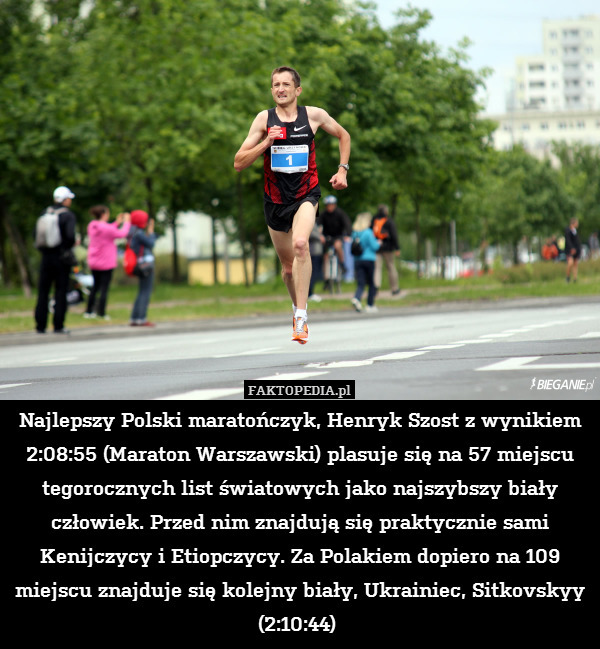 Najlepszy Polski maratończyk, Henryk Szost z wynikiem 2:08:55 (Maraton Warszawski) plasuje się na 57 miejscu tegorocznych list światowych jako najszybszy biały człowiek. Przed nim znajdują się praktycznie sami Kenijczycy i Etiopczycy. Za Polakiem dopiero na 109 miejscu znajduje się kolejny biały, Ukrainiec, Sitkovskyy (2:10:44) 