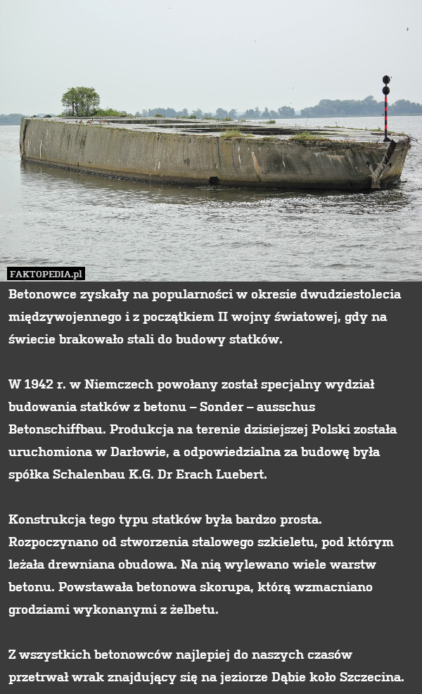 Betonowce zyskały na popularności w okresie dwudziestolecia międzywojennego i z początkiem II wojny światowej, gdy na świecie brakowało stali do budowy statków.

W 1942 r. w Niemczech powołany został specjalny wydział budowania statków z betonu – Sonder – ausschus Betonschiffbau. Produkcja na terenie dzisiejszej Polski została uruchomiona w Darłowie, a odpowiedzialna za budowę była spółka Schalenbau K.G. Dr Erach Luebert.

Konstrukcja tego typu statków była bardzo prosta. Rozpoczynano od stworzenia stalowego szkieletu, pod którym leżała drewniana obudowa. Na nią wylewano wiele warstw betonu. Powstawała betonowa skorupa, którą wzmacniano grodziami wykonanymi z żelbetu.

Z wszystkich betonowców najlepiej do naszych czasów przetrwał wrak znajdujący się na jeziorze Dąbie koło Szczecina. 
