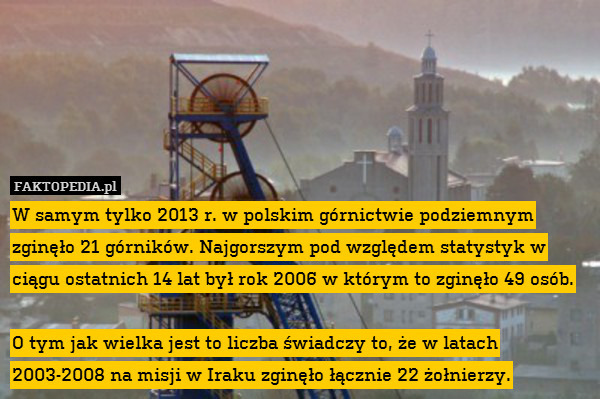 W samym tylko 2013 r. w polskim górnictwie podziemnym zginęło 21 górników. Najgorszym pod względem statystyk w ciągu ostatnich 14 lat był rok 2006 w którym to zginęło 49 osób.

O tym jak wielka jest to liczba świadczy to, że w latach 2003-2008 na misji w Iraku zginęło łącznie 22 żołnierzy. 