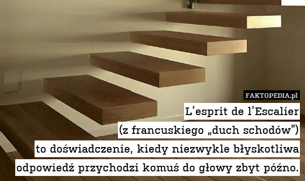 L’esprit de l’Escalier
(z francuskiego „duch schodów”)
to doświadczenie, kiedy niezwykle błyskotliwa
odpowiedź przychodzi komuś do głowy zbyt późno. 