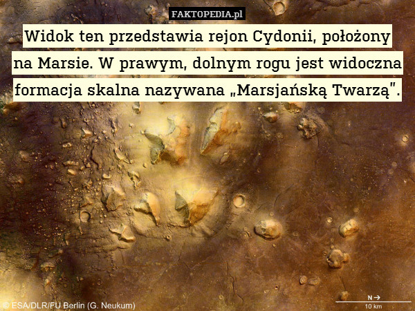 Widok ten przedstawia rejon Cydonii, położony
na Marsie. W prawym, dolnym rogu jest widoczna formacja skalna nazywana „Marsjańską Twarzą”. 