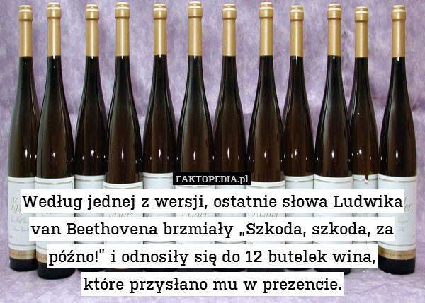 Według jednej z wersji, ostatnie słowa Ludwika van Beethovena brzmiały „Szkoda, szkoda, za późno!” i odnosiły się do 12 butelek wina,
które przysłano mu w prezencie. 