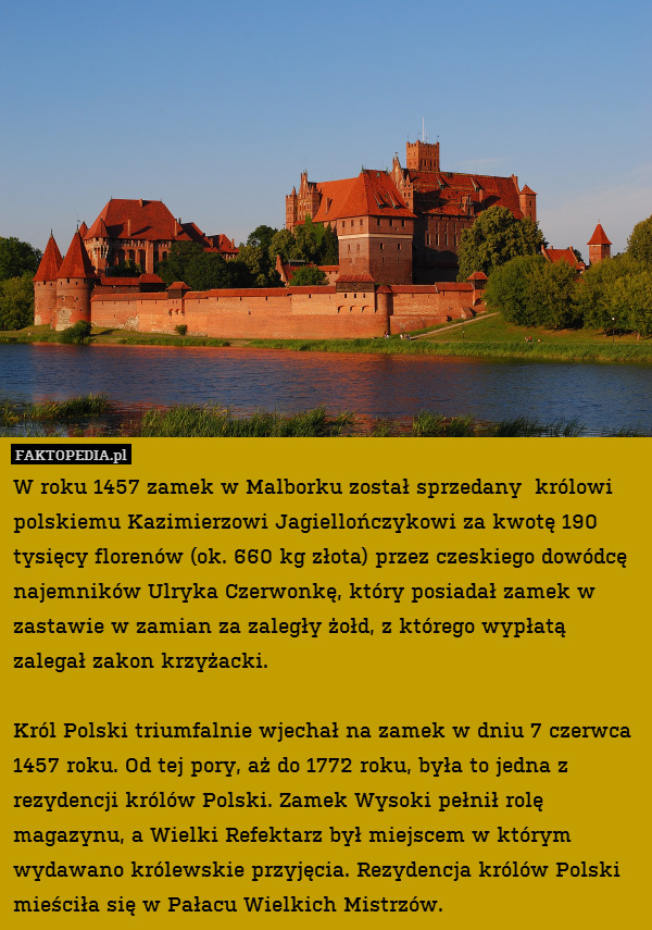 W roku 1457 zamek w Malborku został sprzedany  królowi polskiemu Kazimierzowi Jagiellończykowi za kwotę 190 tysięcy florenów (ok. 660 kg złota) przez czeskiego dowódcę najemników Ulryka Czerwonkę, który posiadał zamek w zastawie w zamian za zaległy żołd, z którego wypłatą zalegał zakon krzyżacki. 

Król Polski triumfalnie wjechał na zamek w dniu 7 czerwca 1457 roku. Od tej pory, aż do 1772 roku, była to jedna z rezydencji królów Polski. Zamek Wysoki pełnił rolę magazynu, a Wielki Refektarz był miejscem w którym wydawano królewskie przyjęcia. Rezydencja królów Polski mieściła się w Pałacu Wielkich Mistrzów. 
