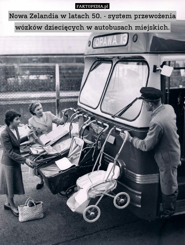 Nowa Zelandia w latach 50. - system przewożenia wózków dziecięcych w autobusach miejskich. 