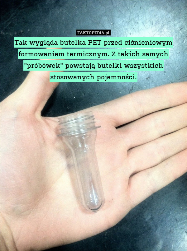 Tak wygląda butelka PET przed ciśnieniowym formowaniem termicznym. Z takich samych "próbówek" powstają butelki wszystkich stosowanych pojemności. 