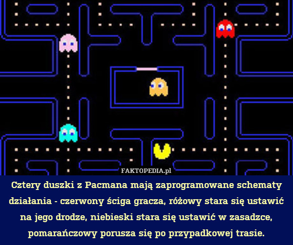 Cztery duszki z Pacmana mają zaprogramowane schematy działania - czerwony ściga gracza, różowy stara się ustawić na jego drodze, niebieski stara się ustawić w zasadzce, pomarańczowy porusza się po przypadkowej trasie. 