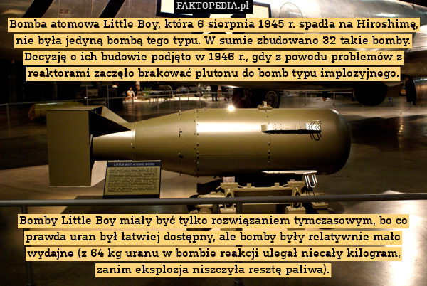 Bomba atomowa Little Boy, która 6 sierpnia 1945 r. spadła na Hiroshimę, nie była jedyną bombą tego typu. W sumie zbudowano 32 takie bomby. Decyzję o ich budowie podjęto w 1946 r., gdy z powodu problemów z reaktorami zaczęło brakować plutonu do bomb typu implozyjnego.








Bomby Little Boy miały być tylko rozwiązaniem tymczasowym, bo co prawda uran był łatwiej dostępny, ale bomby były relatywnie mało wydajne (z 64 kg uranu w bombie reakcji ulegał niecały kilogram, zanim eksplozja niszczyła resztę paliwa). 