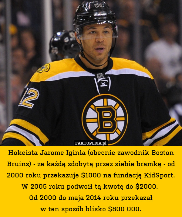 Hokeista Jarome Iginla (obecnie zawodnik Boston Bruins) - za każdą zdobytą przez siebie bramkę - od 2000 roku przekazuje $1000 na fundację KidSport. W 2005 roku podwoił tą kwotę do $2000. 
Od 2000 do maja 2014 roku przekazał
w ten sposób blisko $800 000. 