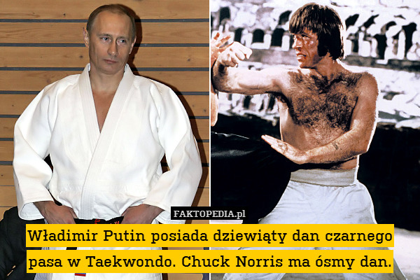 Władimir Putin posiada dziewiąty dan czarnego pasa w Taekwondo. Chuck Norris ma ósmy dan. 