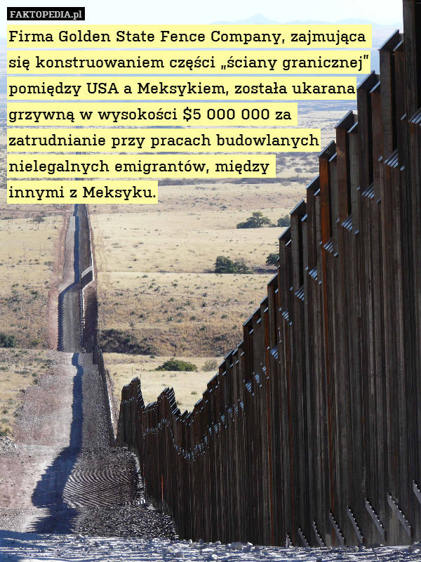 Firma Golden State Fence Company, zajmująca 
się konstruowaniem części „ściany granicznej” pomiędzy USA a Meksykiem, została ukarana grzywną w wysokości $5 000 000 za 
zatrudnianie przy pracach budowlanych nielegalnych emigrantów, między 
innymi z Meksyku. 