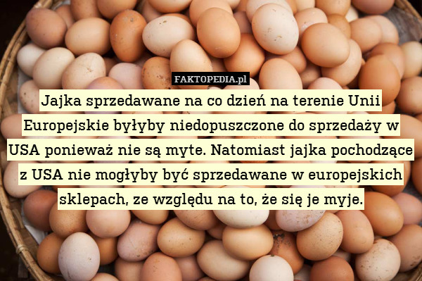 Jajka sprzedawane na co dzień na terenie Unii Europejskie byłyby niedopuszczone do sprzedaży w USA ponieważ nie są myte. Natomiast jajka pochodzące z USA nie mogłyby być sprzedawane w europejskich sklepach, ze względu na to, że się je myje. 
