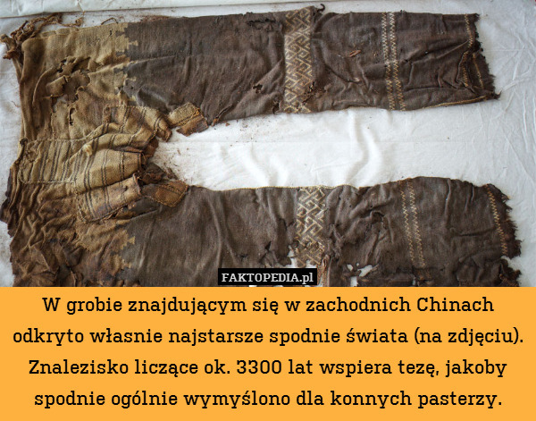 W grobie znajdującym się w zachodnich Chinach odkryto własnie najstarsze spodnie świata (na zdjęciu). Znalezisko liczące ok. 3300 lat wspiera tezę, jakoby spodnie ogólnie wymyślono dla konnych pasterzy. 