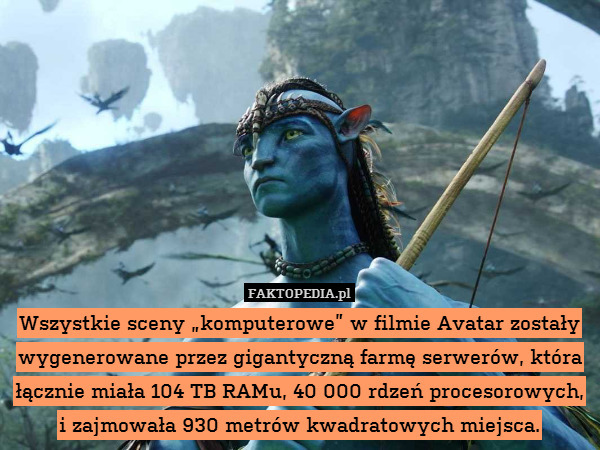 Wszystkie sceny „komputerowe” w filmie Avatar zostały wygenerowane przez gigantyczną farmę serwerów, która łącznie miała 104 TB RAMu, 40 000 rdzeń procesorowych, i zajmowała 930 metrów kwadratowych miejsca. 