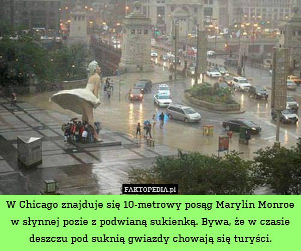 W Chicago znajduje się 10-metrowy posąg Marylin Monroe w słynnej pozie z podwianą sukienką. Bywa, że w czasie deszczu pod suknią gwiazdy chowają się turyści. 