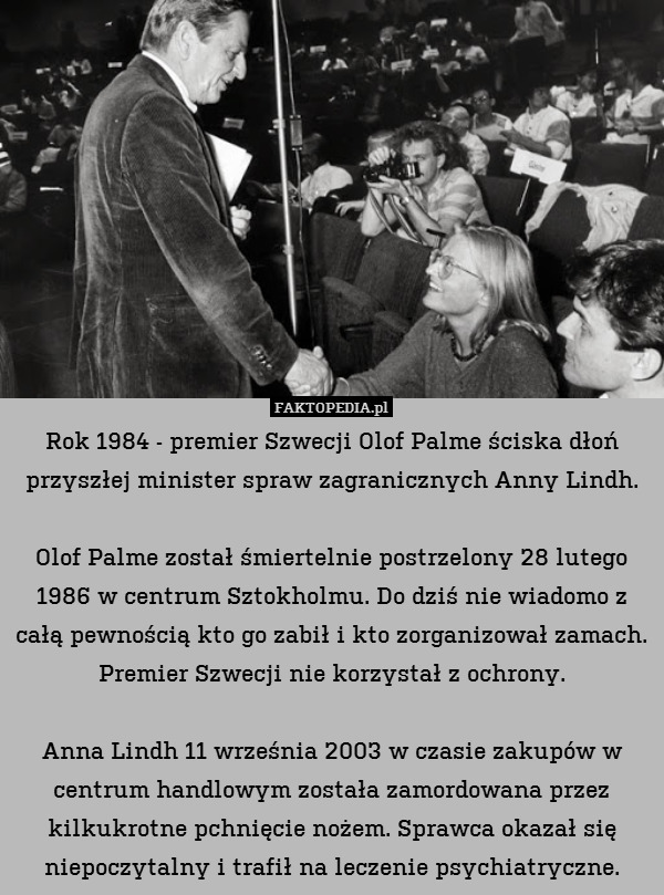 Rok 1984 - premier Szwecji Olof Palme ściska dłoń przyszłej minister spraw zagranicznych Anny Lindh.

Olof Palme został śmiertelnie postrzelony 28 lutego 1986 w centrum Sztokholmu. Do dziś nie wiadomo z całą pewnością kto go zabił i kto zorganizował zamach. Premier Szwecji nie korzystał z ochrony.

Anna Lindh 11 września 2003 w czasie zakupów w centrum handlowym została zamordowana przez kilkukrotne pchnięcie nożem. Sprawca okazał się niepoczytalny i trafił na leczenie psychiatryczne. 