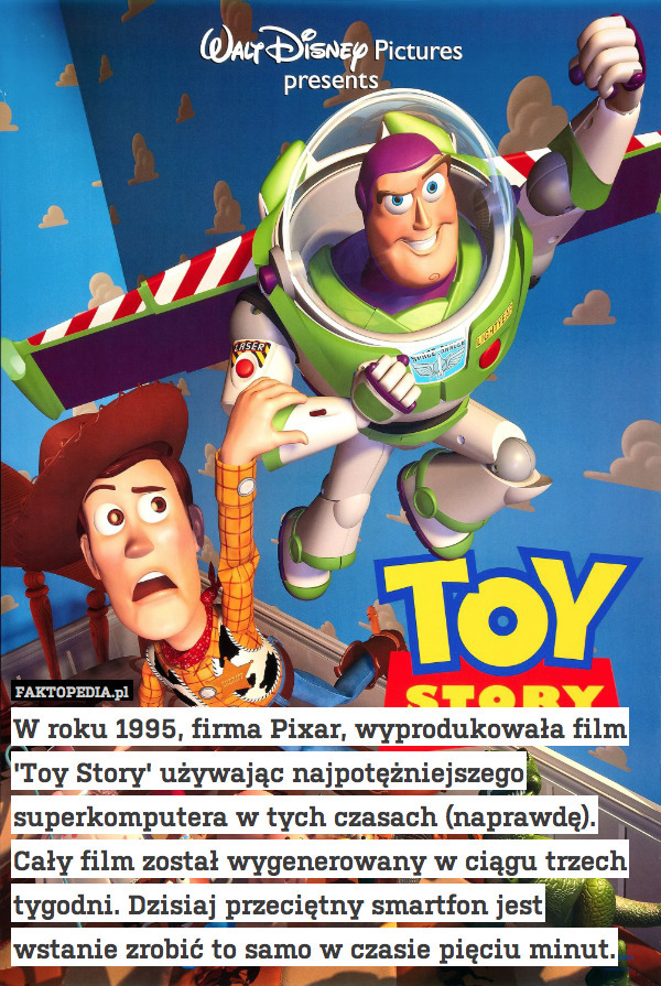 W roku 1995, firma Pixar, wyprodukowała film &apos;Toy Story&apos; używając najpotężniejszego superkomputera w tych czasach (naprawdę). Cały film został wygenerowany w ciągu trzech tygodni. Dzisiaj przeciętny smartfon jest wstanie zrobić to samo w czasie pięciu minut. 