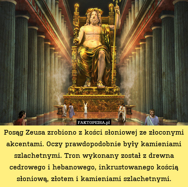 Posąg Zeusa zrobiono z kości słoniowej ze złoconymi akcentami. Oczy prawdopodobnie były kamieniami szlachetnymi. Tron wykonany został z drewna cedrowego i hebanowego, inkrustowanego kością słoniową, złotem i kamieniami szlachetnymi. 