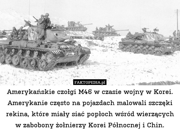 Amerykańskie czołgi M46 w czasie wojny w Korei.
Amerykanie często na pojazdach malowali szczęki rekina, które miały siać popłoch wśród wierzących w zabobony żołnierzy Korei Północnej i Chin. 