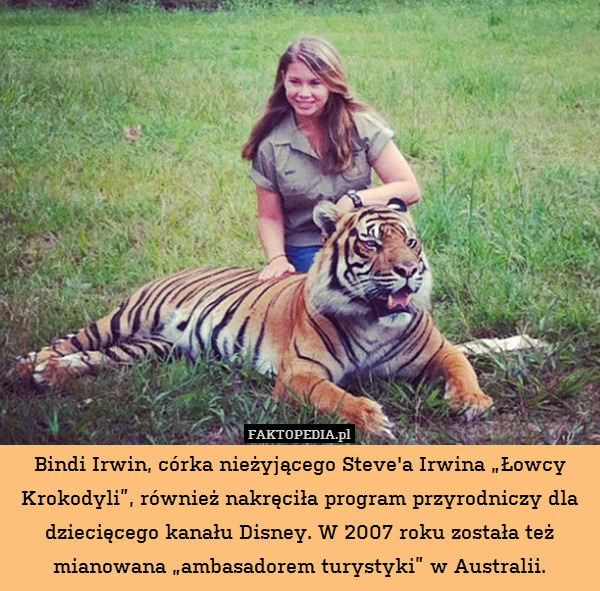 Bindi Irwin, córka nieżyjącego Steve&apos;a Irwina „Łowcy Krokodyli”, również nakręciła program przyrodniczy dla dziecięcego kanału Disney. W 2007 roku została też mianowana „ambasadorem turystyki” w Australii. 