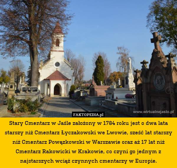 Stary Cmentarz w Jaśle założony w 1784 roku jest o dwa lata starszy niż Cmentarz Łyczakowski we Lwowie, sześć lat starszy niż Cmentarz Powązkowski w Warszawie oraz aż 17 lat niż Cmentarz Rakowicki w Krakowie, co czyni go jednym z najstarszych wciąż czynnych cmentarzy w Europie. 