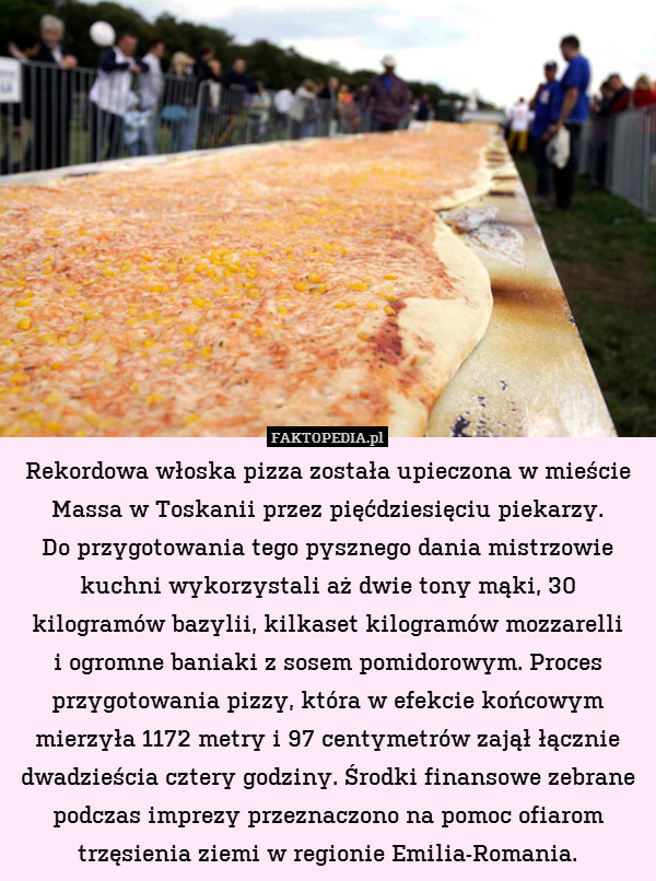 Rekordowa włoska pizza została upieczona w mieście Massa w Toskanii przez pięćdziesięciu piekarzy.
Do przygotowania tego pysznego dania mistrzowie kuchni wykorzystali aż dwie tony mąki, 30 kilogramów bazylii, kilkaset kilogramów mozzarelli
i ogromne baniaki z sosem pomidorowym. Proces przygotowania pizzy, która w efekcie końcowym mierzyła 1172 metry i 97 centymetrów zajął łącznie dwadzieścia cztery godziny. Środki finansowe zebrane podczas imprezy przeznaczono na pomoc ofiarom trzęsienia ziemi w regionie Emilia-Romania. 